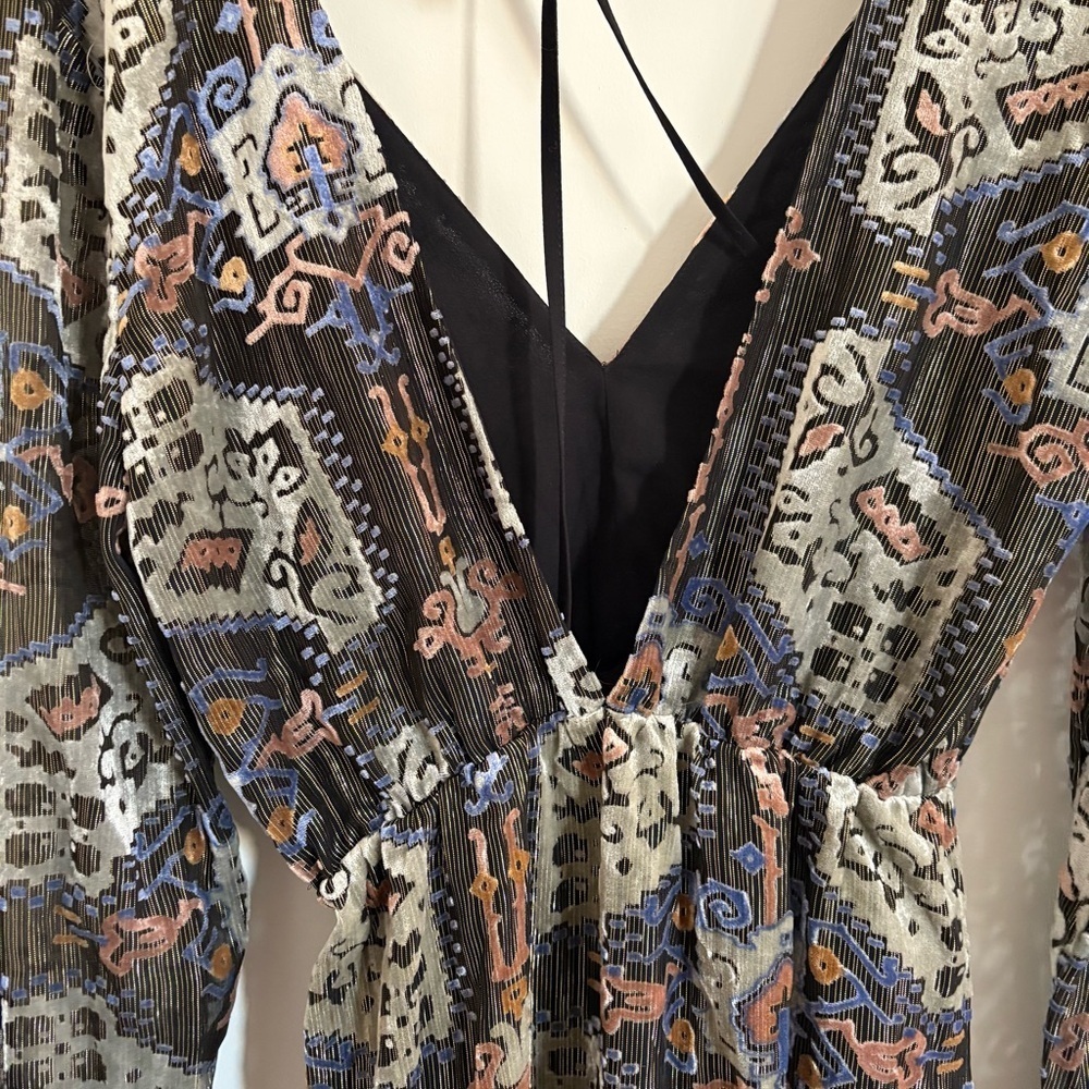 TOPSHOP Fairy Women Size 2 Floral Velvet 70s Style Front Slits Midi Dress Gold - Picture 4 of 14